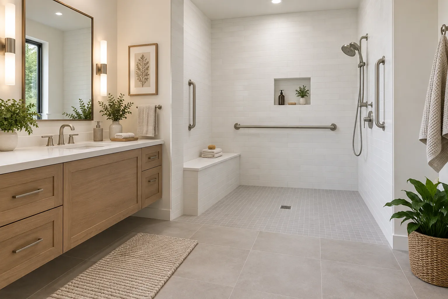 AI-generated illustration: Accessible shower with grab bars, bench, niche and curbless entry