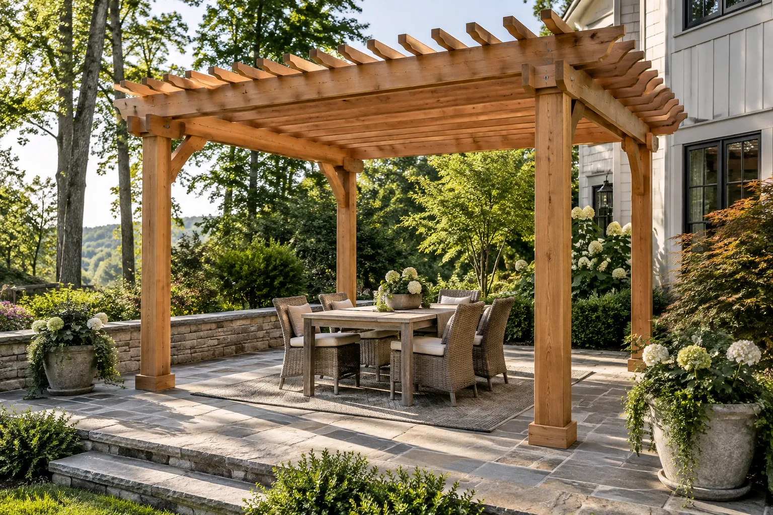 AI-generated illustration: Cedar pergola over a garden dining patio
