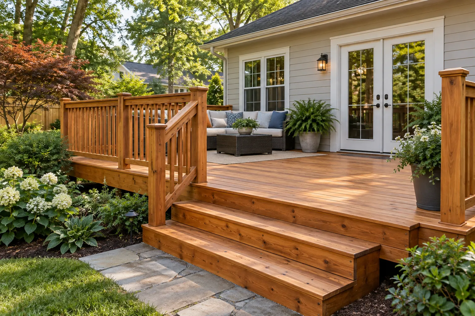 AI-generated illustration: Wood deck with natural boards, railings and garden steps